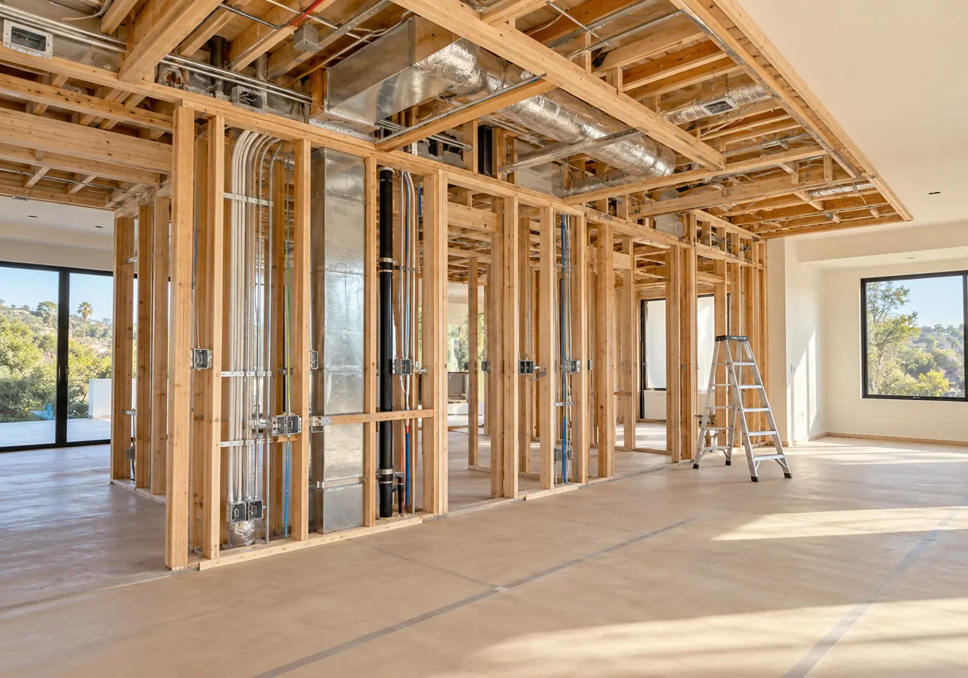 Remodel in progress in Los Angeles, CA: framed walls with conduit, ductwork and plumbing visible, a ladder on protected floors and a hillside view