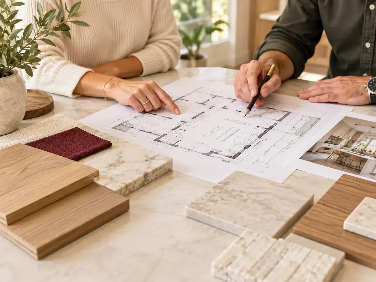 Interior remodeling consultation in Los Angeles, CA: homeowner and designer reviewing a floor plan with material samples