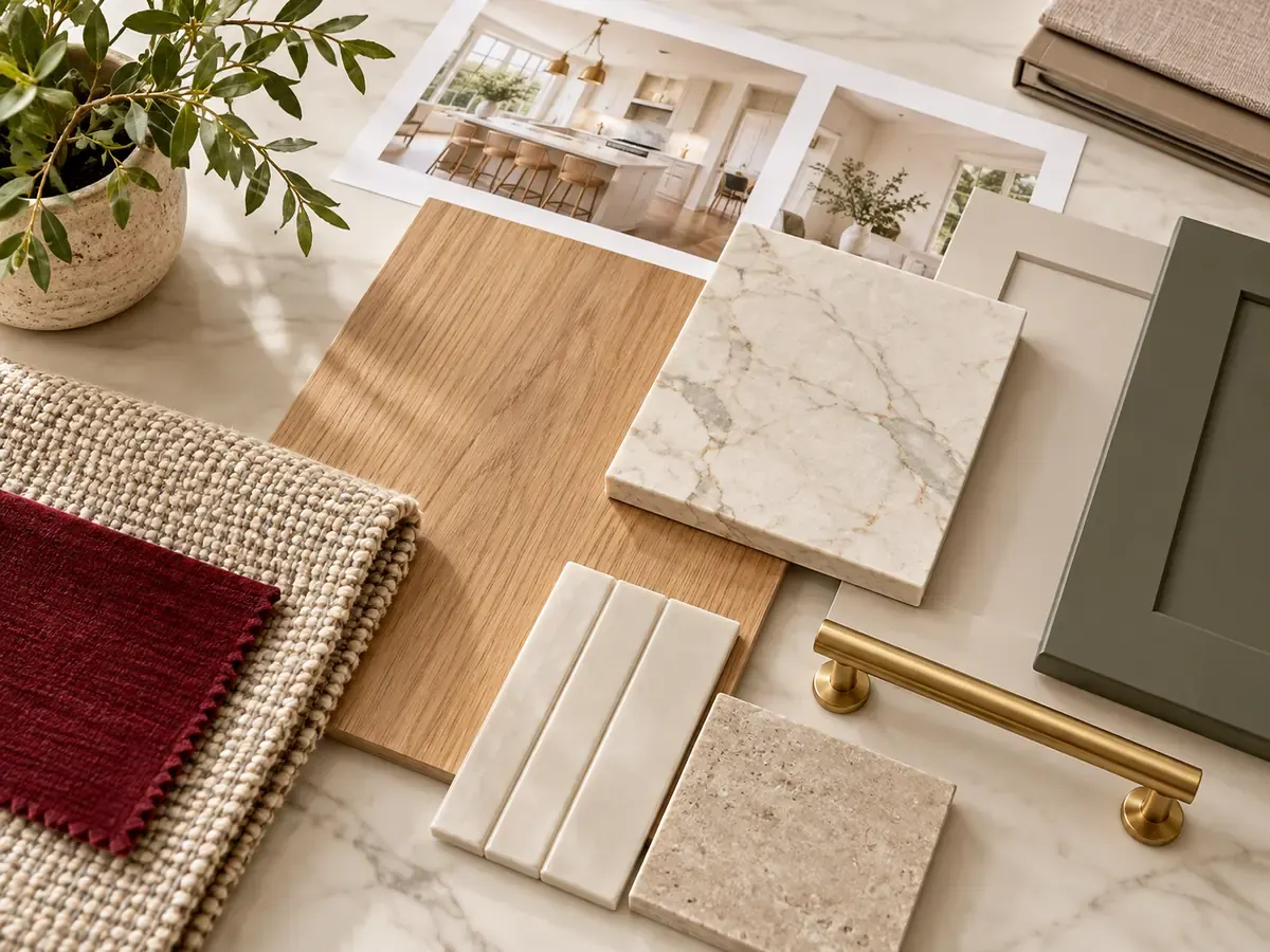 Interior remodeling design and planning: oak, marble, tile, fabric and brass hardware samples