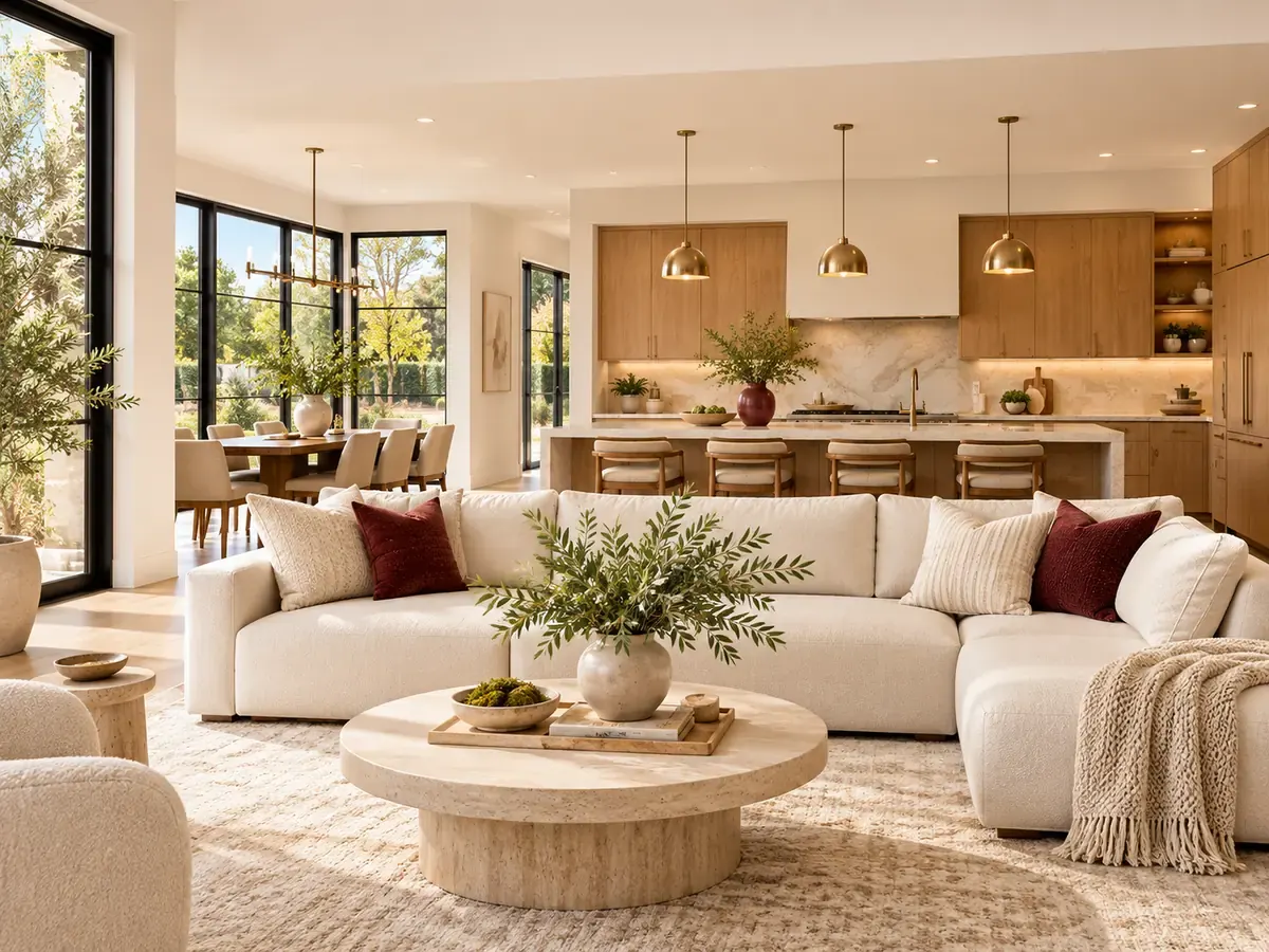 Finished interior remodel in Los Angeles, CA: open-plan living room with cream sectional and kitchen with brass pendants