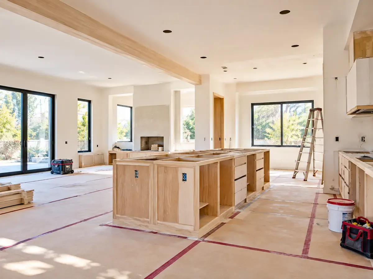 Interior remodel in progress in Los Angeles, CA: open-plan space with kitchen island framing and protective floor covering