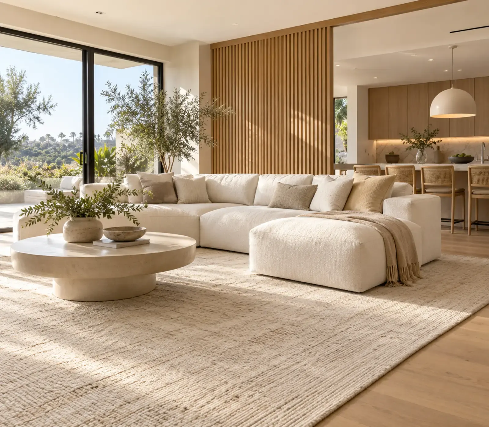 Remodeled Los Angeles living room with cream sectional sofa, oak slat wall and open kitchen by ARD Remodeling
