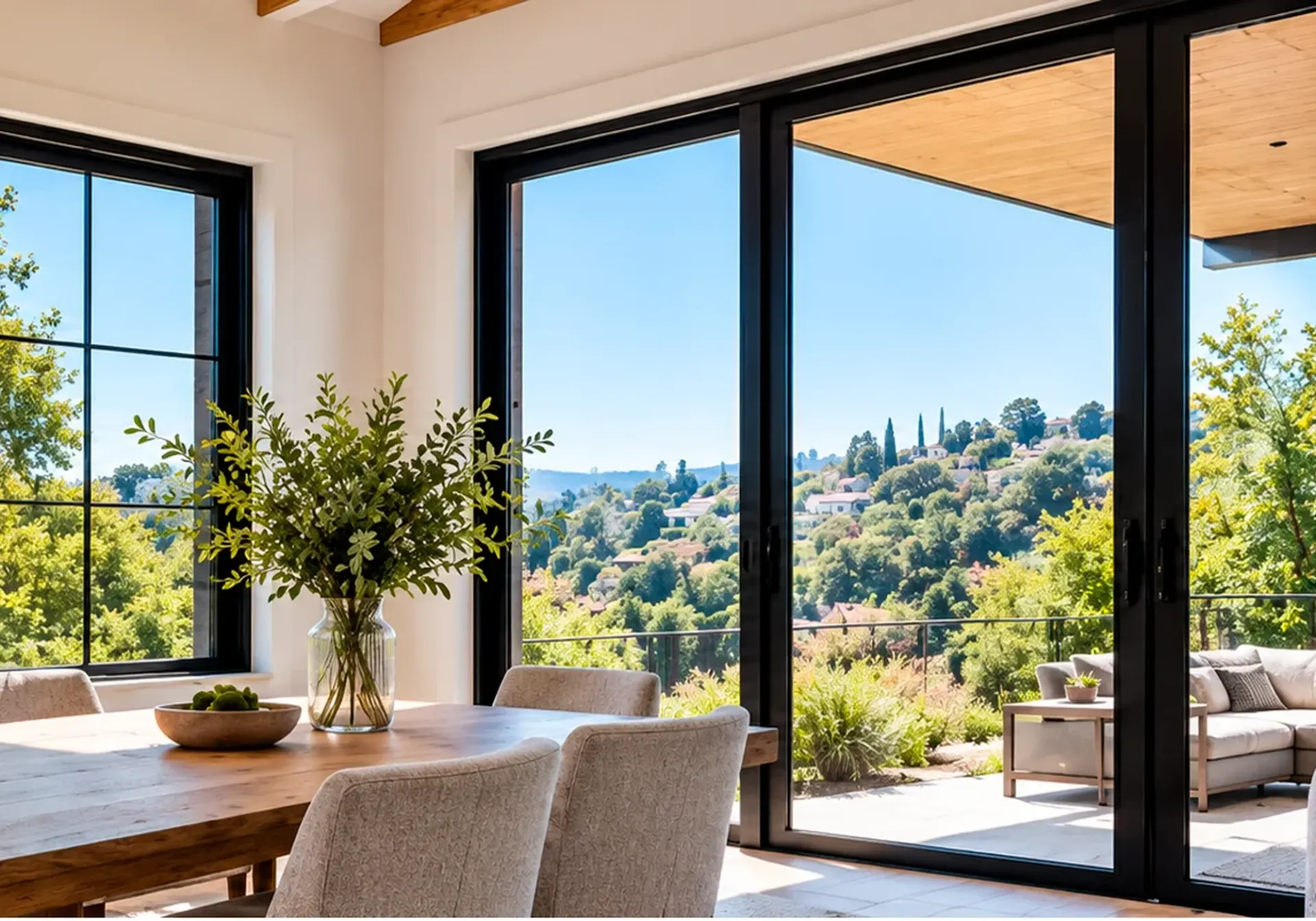 Window and door contractor in Los Angeles, CA: black-framed sliding patio doors and windows with a hillside view