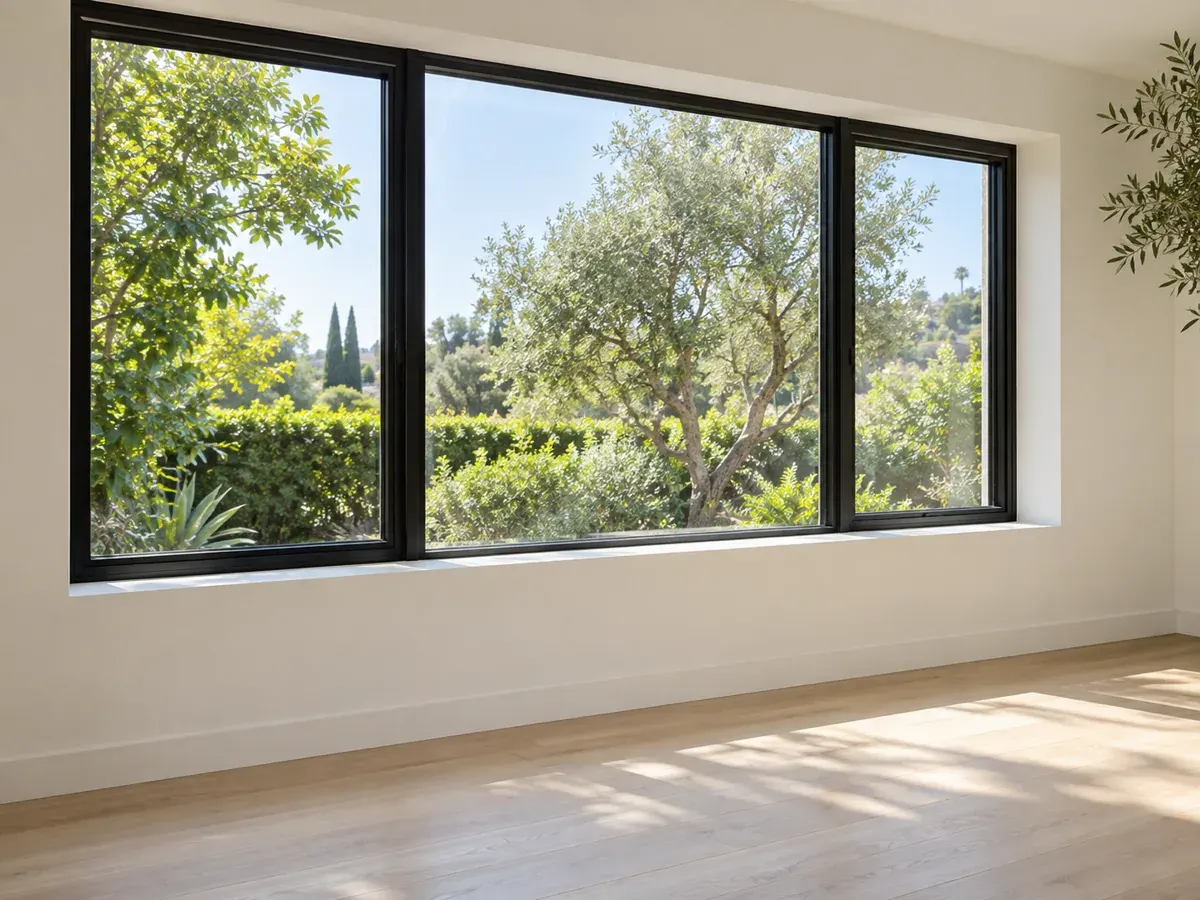 Window installation in Los Angeles, CA: new black-frame window in a bright room